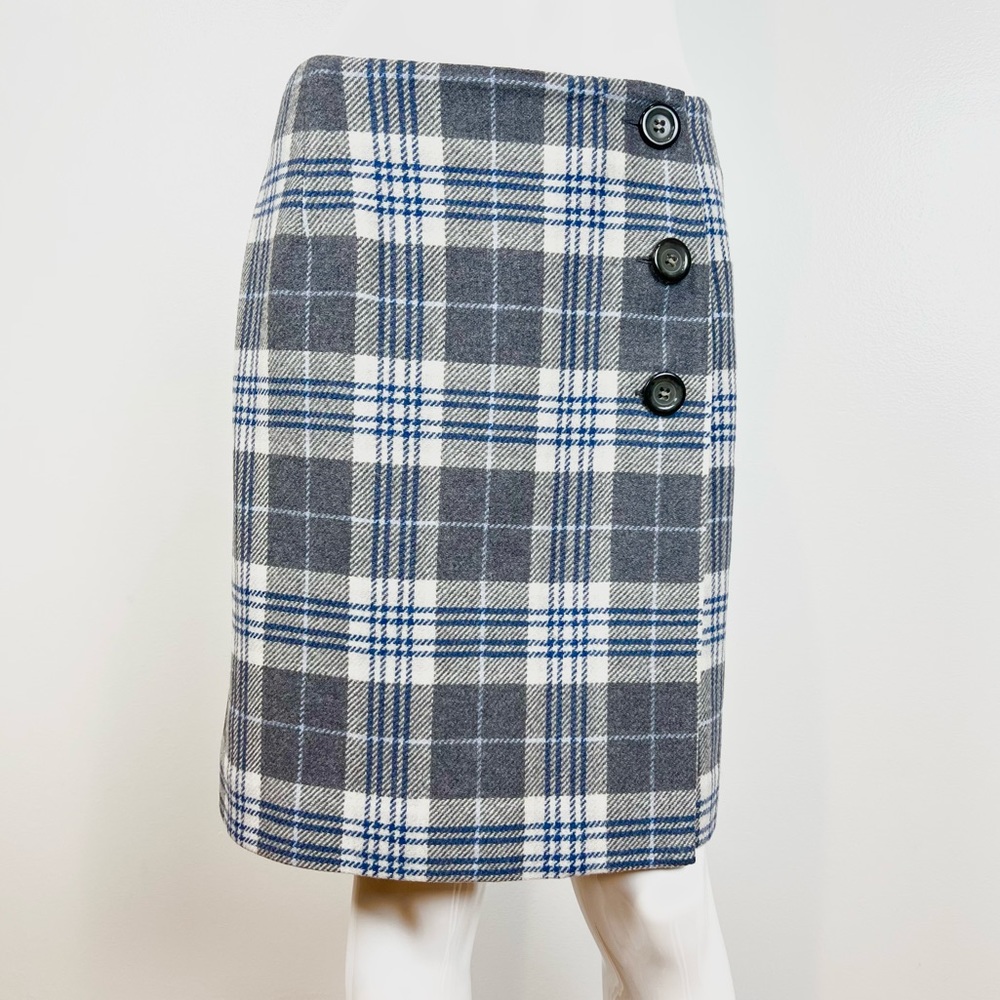 Pendleton 100% Wool Side Button Wrap Skirt Lined Sz 10 Petite Gray Plaid A-Line